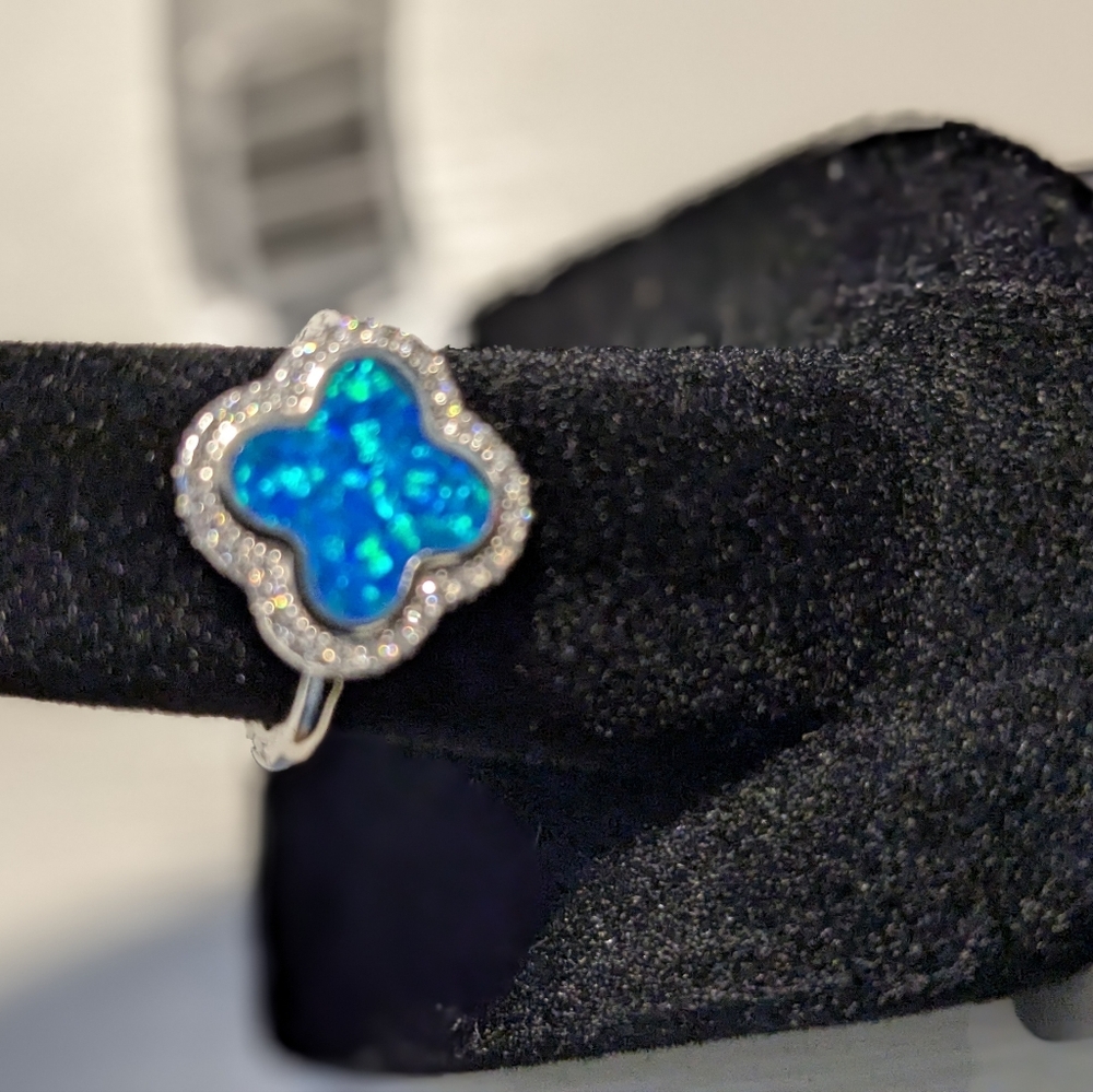 Elegant Blue Opal Silver Moissanite Women's Ring